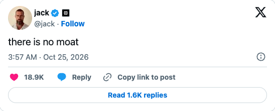 Screenshot of jack's original verified post: there is no moat. Published October 25, 2026 in India time. Displayed engagement counts are from the captured post.